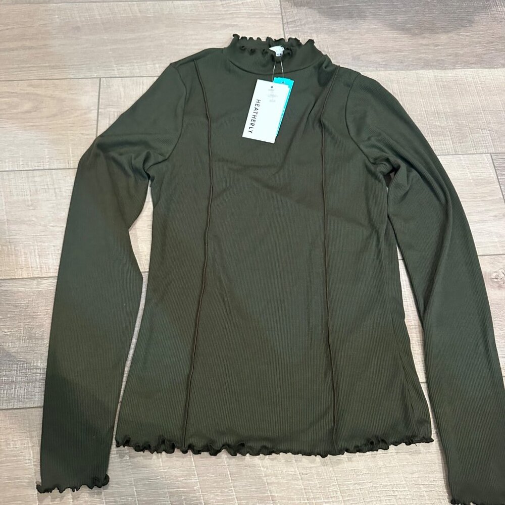 HEATHERLY WOMENS GREEN OPEN BACK LONG SLEEVE RIBBED SHIRT NEW MEDIUM